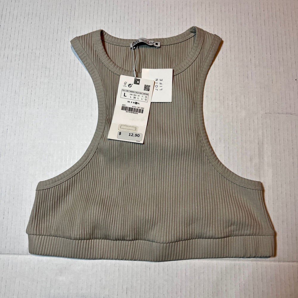 Zara‎ Ribbed Cropped Tank Top Racerback Sleeveless Beige Size L